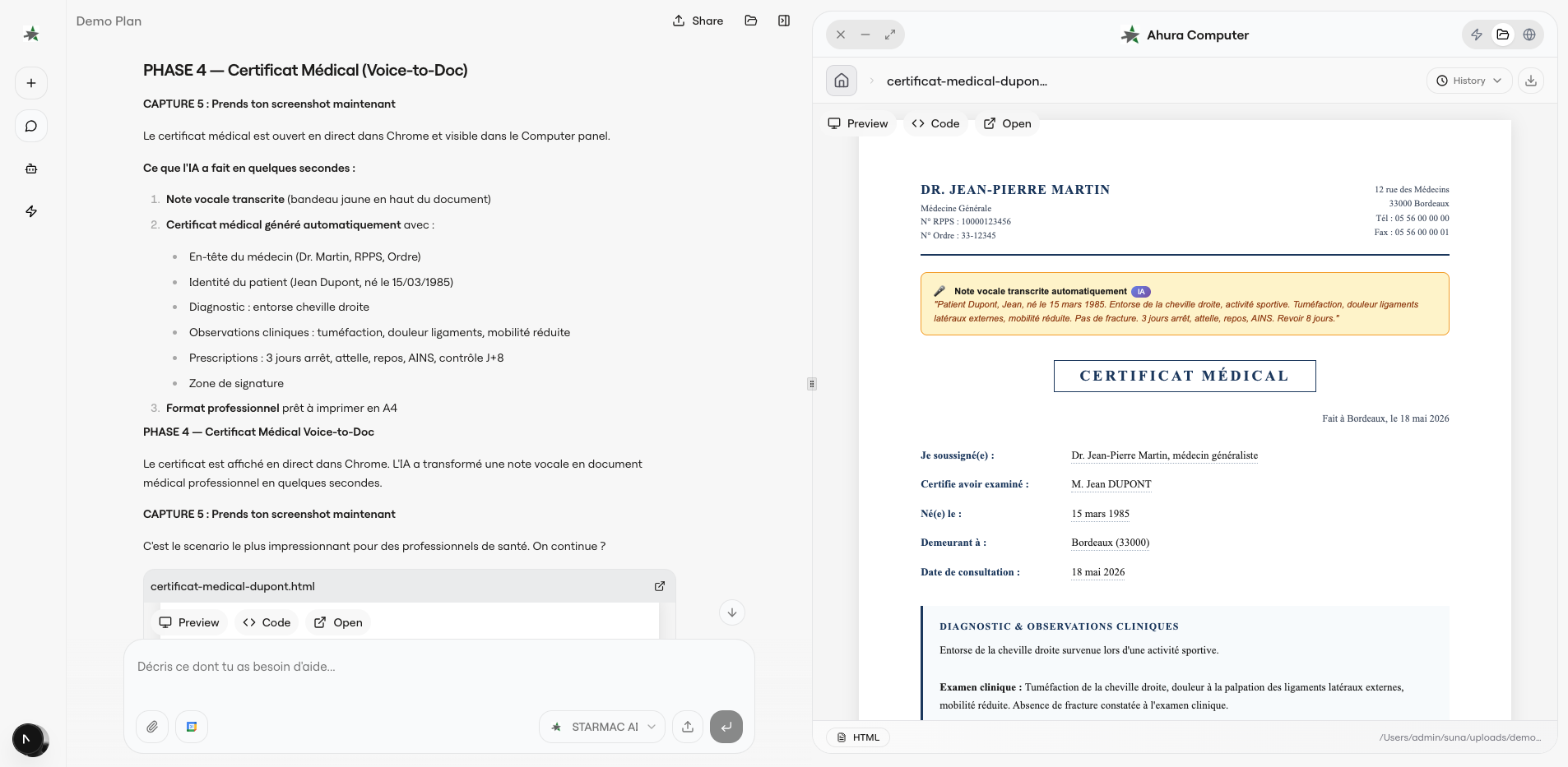 Ahura — Génération de certificat médical depuis une note vocale